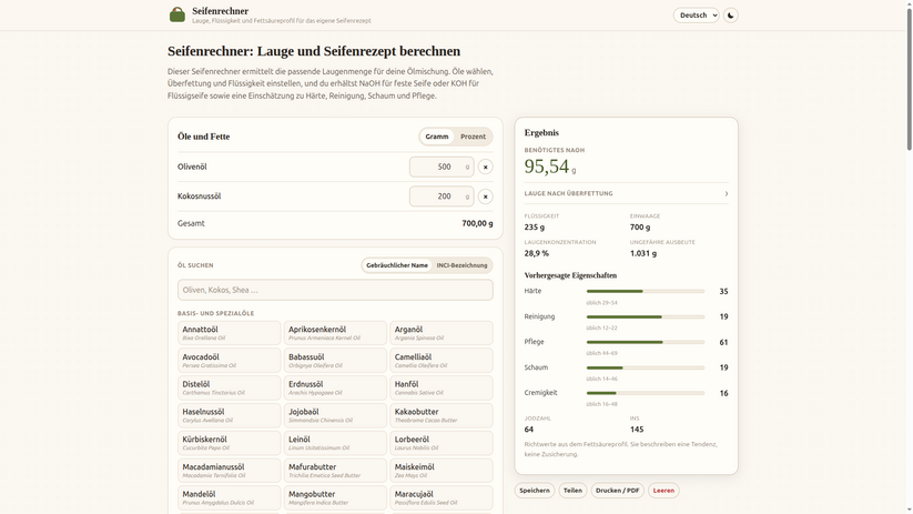 Seifenrechner: Lauge (NaOH/KOH) und Seifenrezept im Browser berechnen